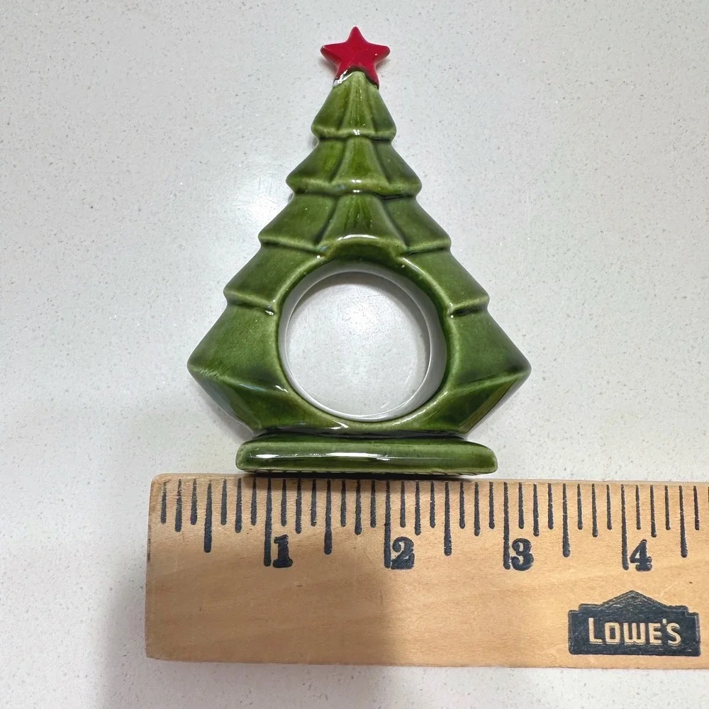 Vintage Hand Painted Ceramic Christmas Tree Napkin Rings Set of 4 Green Red Star